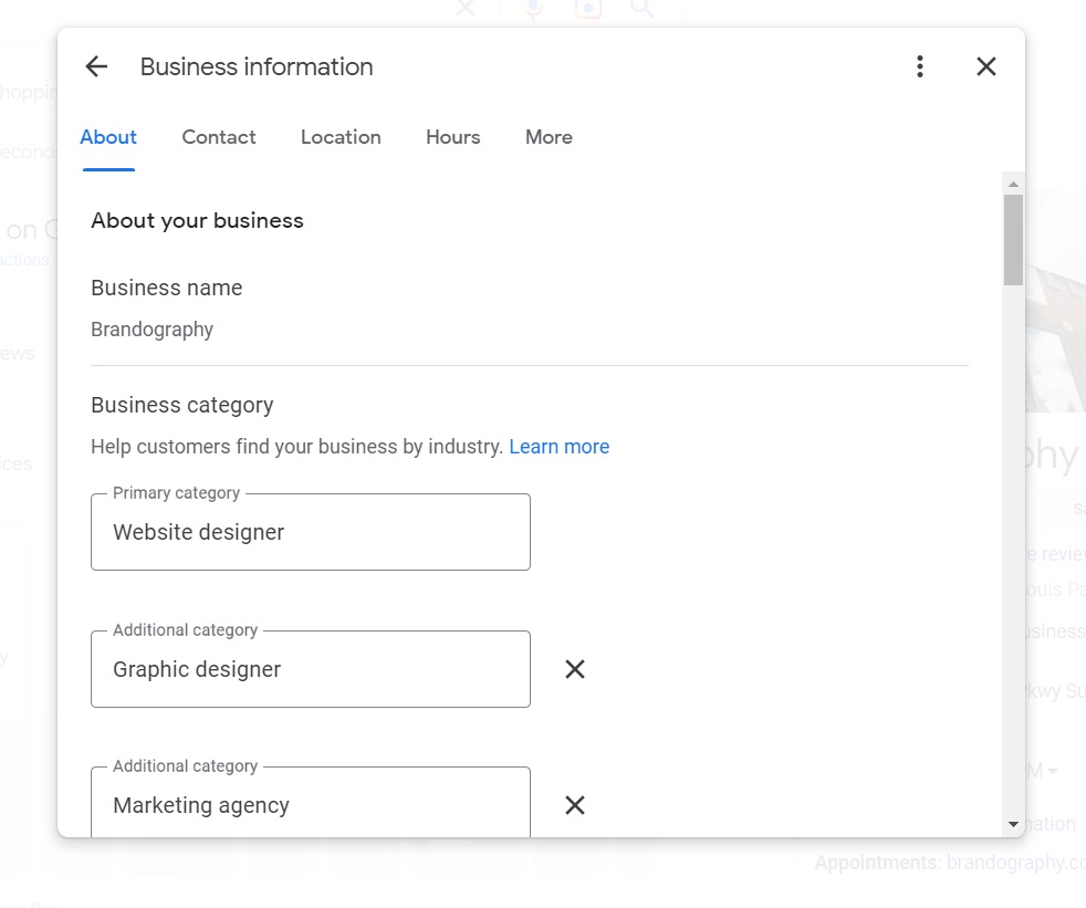 Google Business Profile categories listing