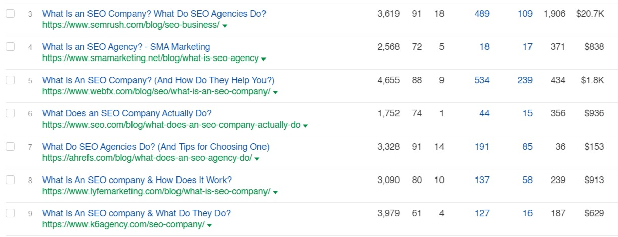 Screenshot of a search for SEO Agency keywords